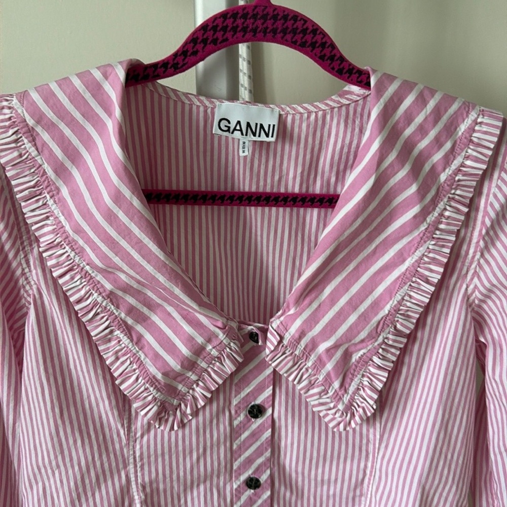 GANNI cotton white pink striped button down top blouse, size US 6 - Picture 8 of 11